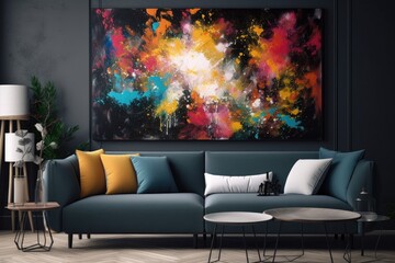 modern living room with a large abstract painting as the focal point. Generative AI