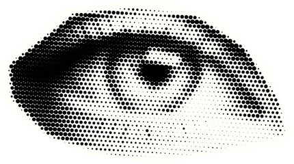 Retro halftone collage eye  for mixed media design. Open human eye in halftone texture, dotted pop art style. Vector illustration of vintage grunge punk crazy art templates.