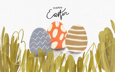 Easter eggs in grass illustration on white paper texture, hand drawn - 586525854