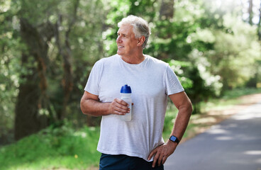 Man, exercise and thinking outdoor with water bottle for a run, workout and training for fitness....