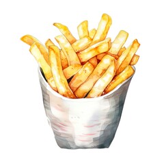 French fries on white background. Watercolor food illustration. Generative AI.