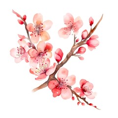 Branch with cherry blossoms, watercolor illustration. Generative AI.