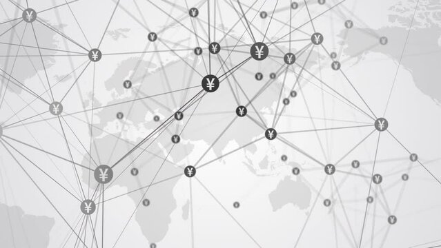 Numerous lines and dots with symbols of the Japanese yen on background of white world map. Abstract polygonal blurred looped animation.