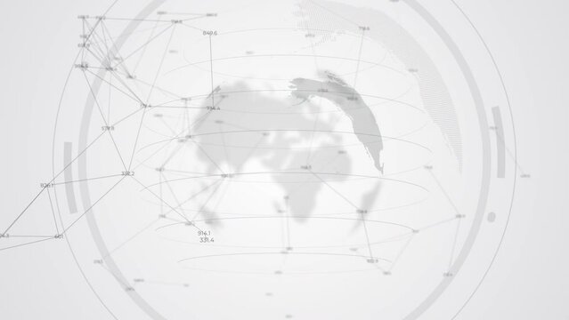 Rotation planet Earth from small dots. Selectively changeable numbers are connected by lines on white background. Looped abstract futuristic animation for business.