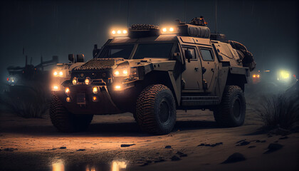 Armored SUV in mountains with led bar on roof - obrazy, fototapety, plakaty