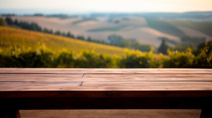 Fototapeta premium Empty wooden counter table in front of blurred background of Italian hills for product display. Generative AI.