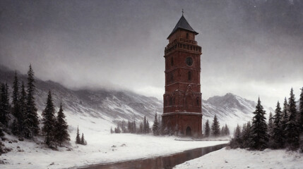 Church in snowy valley with a river leading to it, nice landscape in winter,  acrylic painting, oil painting generative AI	