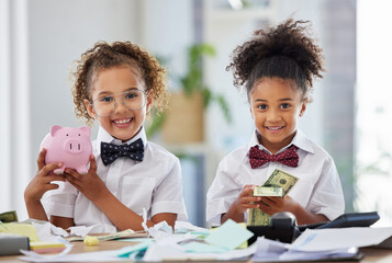 Portrait of children in business with cash, piggy bank and smile, education in money management or...