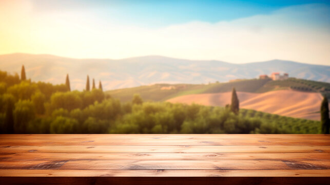 Empty wooden counter table in front of blurred background of Italian hills for product display. Generative AI.