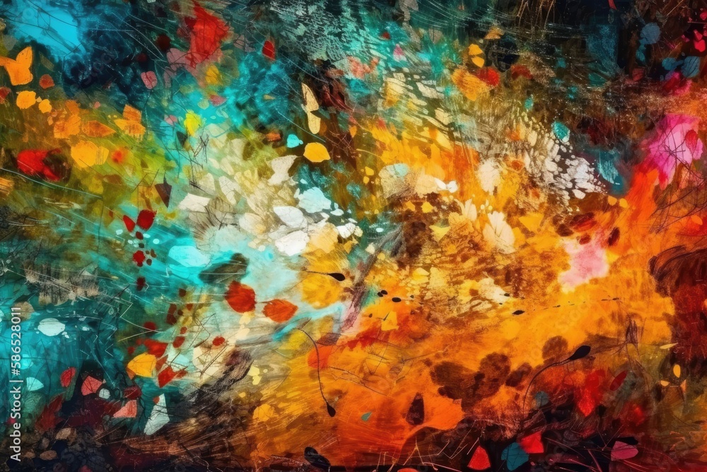 Poster vibrant and colorful abstract painting with various shapes and forms. generative ai