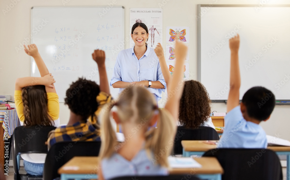 Poster teacher, hands up or children in classroom learning, exam or studying with preschool notebooks. deve