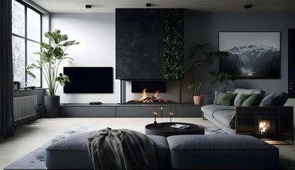 Scandinavian living room interior with big tv screen, black modern fireplace and grey sofa, generative ai