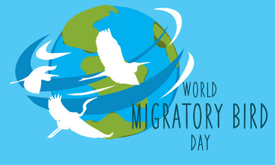 World Day of Migratory Birds. Template for background, banner, postcard, poster. vector illustration. Migration of birds. Planet earth and white silhouettes of birds fly to the side on a blue