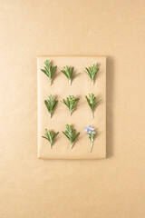 Gift box packed in recycled kraft paper with rosemary. Creative concept.