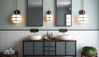 Double sinks in elegant white, concrete and wooden bathroom interior, generative ai
