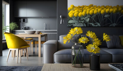 Yellow flowers on the counter in open space living and dining room interior with grey lounge furniture, generative ai