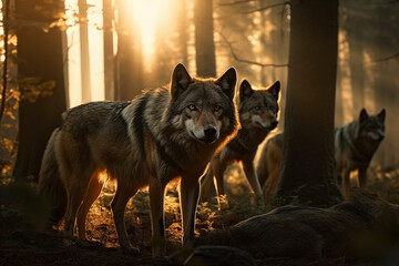 Wolf pack moving through majestic forest in sunset. Generative AI