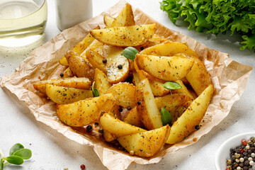 Baked potato wedges on craft paper. Roasted potatoes with herbs and spices. Dinner idea.