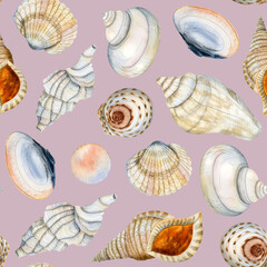 Seashells watercolor seamless pattern on dusty pink basckground with shells and pearls nautical illustrations in light blue, orange, beige colors for nursery and romantic designs