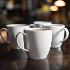 Obraz premium Close-up of white mugs of coffee in a cafe
