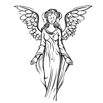 Abstract Angel girl with wings standing sketch hand drawn illustration