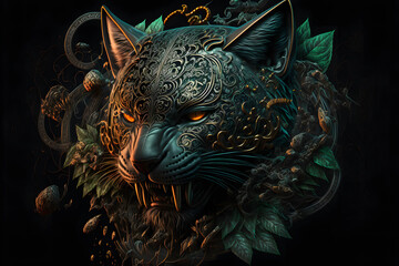 Obraz premium Panther emblem mask surrounded by jungle created with generative AI technology