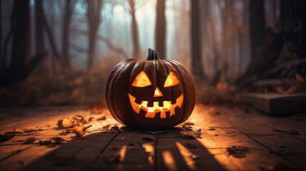 Halloween pumpkin on a forest background with twilight lighting. Generative AI