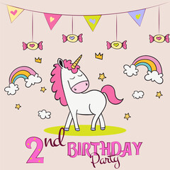 happy birthday card with horse, birthday card with horse, birthday party invitation with baby unicorn, hand drawn unicorn poster design, 3rd birthday