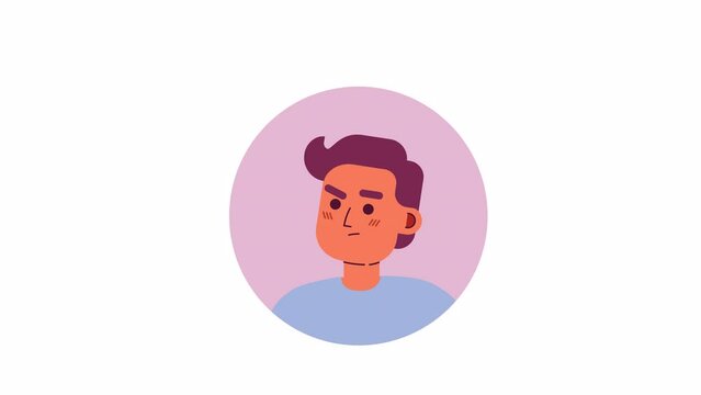 Animated confused man icon. Bewildered guy. Flat character avatar animation on white background with alpha channel transparency. Color cartoon style round badge 4K video footage for web design