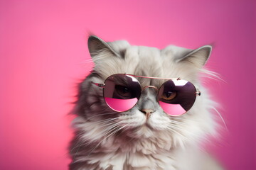 fluffy cat wearing reflective aviator sunglasses isolated on a pink studio background, made with generative ai