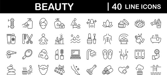 Beauty and Spa set of web icons in line style. Cosmetics services & Spa icons for web and mobile app. Spa treatments, skin care, massage, hyaluronic acid, serum, anti ageing, pore tighten, cosmetology