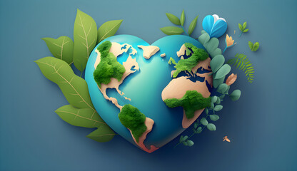 Earth day illustration with planet in the heart shape and green leaf on blue background, generative ai