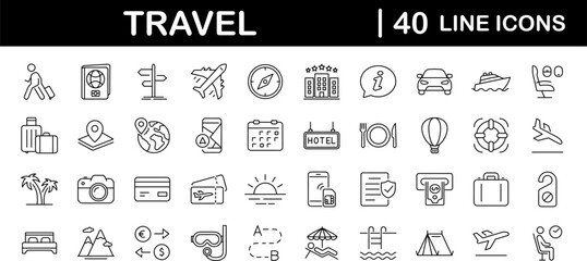 Fototapeta na wymiar Travel and Tourism set of web icons in line style.Travel and vacation icons for web and mobile app. Airport, tickets, tour, relax, hotel, recreational rest, service. Vector illustration