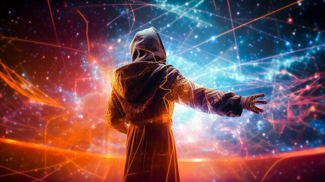 Mysterious character exploring a holographic illustration of a galactic nebula, created with Generative AI.