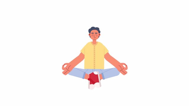 Animated yoga for stress relief. Man with closed eyes in meditation. Flat character animation on white background with alpha channel transparency. Color cartoon style 4K video footage for web design