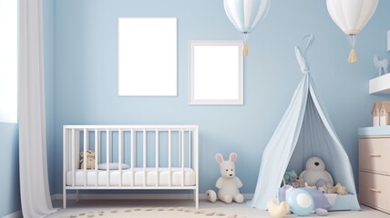 Fototapeta na wymiar Baby boy room poster mockup above the playground, decorated with blue pastel, Generative Ai