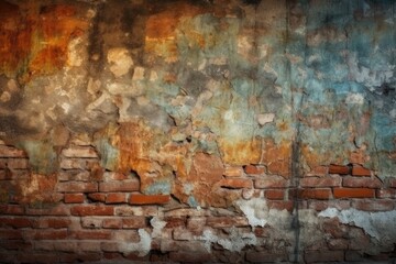 weathered brick wall with chipped and faded paint. Generative AI