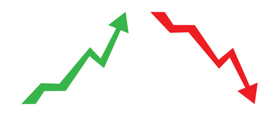 Fototapeta na wymiar Graph going Up and Down sign with green and red arrows vector. Flat design vector illustration concept of sales bar chart symbol icon with arrow moving down and sales bar chart with arrow moving up.
