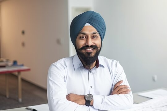Indian sikh architect smiling at the camera with crossed arms, Generative AI