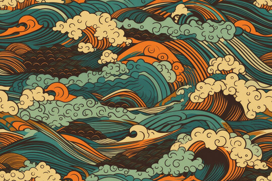 A vintage style japanese crashing wave background. Seamless pattern. Generative ai