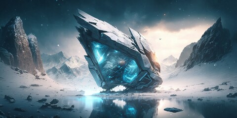 Glacial OVNI Crash with a Dramatic Scene of a Ship Frozen In Time Generated by AI