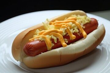 Classic American hotdog with mustard, isolated background, Generative AI