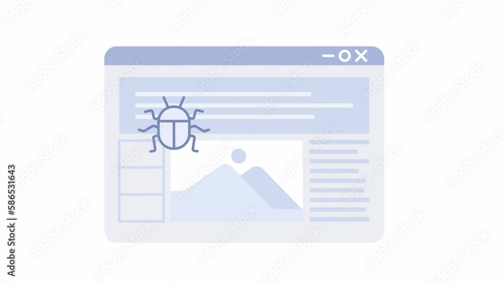 Poster animated bugs in website. mistakes in webpage code. flat cartoon style icon 4k video footage for web