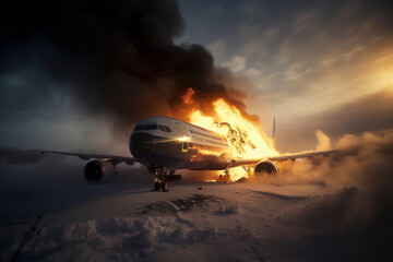 Fototapeta na wymiar Burning flame passenger plane on in snowy field on winter day. Air crash. Generative AI