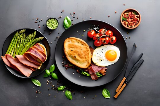 Breakfast or lunch with Fried egg, bread toast, green asparagus, tomatoes and bacon on black plate. Top view. Copy space. Banner.