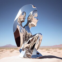 Awe-Inspiring Silver Mirage of the Desert as a Human Figure Reflected in a Supernatural Landscape Generated by AI