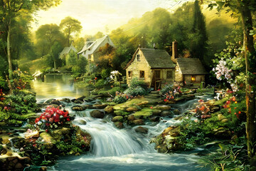 Fototapeta na wymiar Creek house, stream. Beautiful village daylight, small cottage and Spring flowers. 
