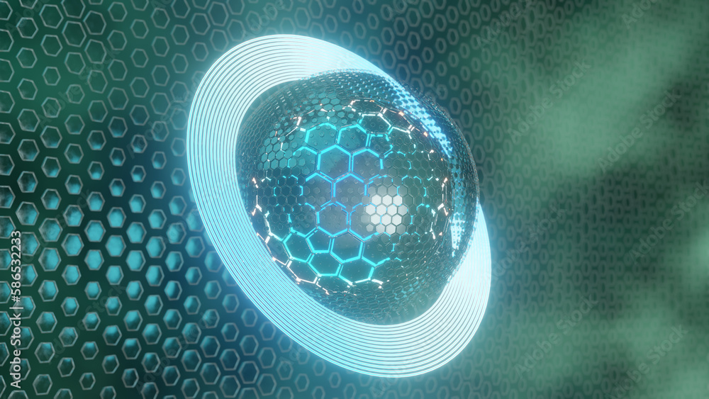 Poster 3d rendering. abstract illustration of a geometric background of hexagons. a fantastic sphere of met