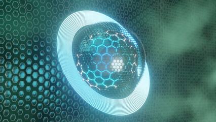 3d rendering. Abstract illustration of a geometric background of hexagons. A fantastic sphere of metal hexagons is surrounded by shining neon rings. The energy of the atom.