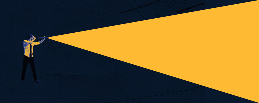 Man wearing shirt looking through observation tube searching for new creative ideas. Art collage. Banner with copyspace for ad, text